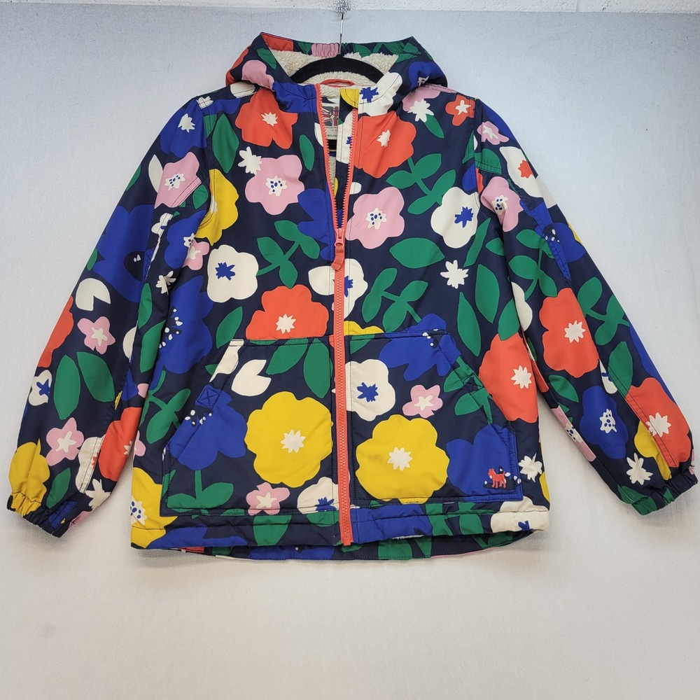 Mini Boden Hooded Jacket Kids 11-12Y Blue Floral Sherpa Lined Full Zip Puffer
